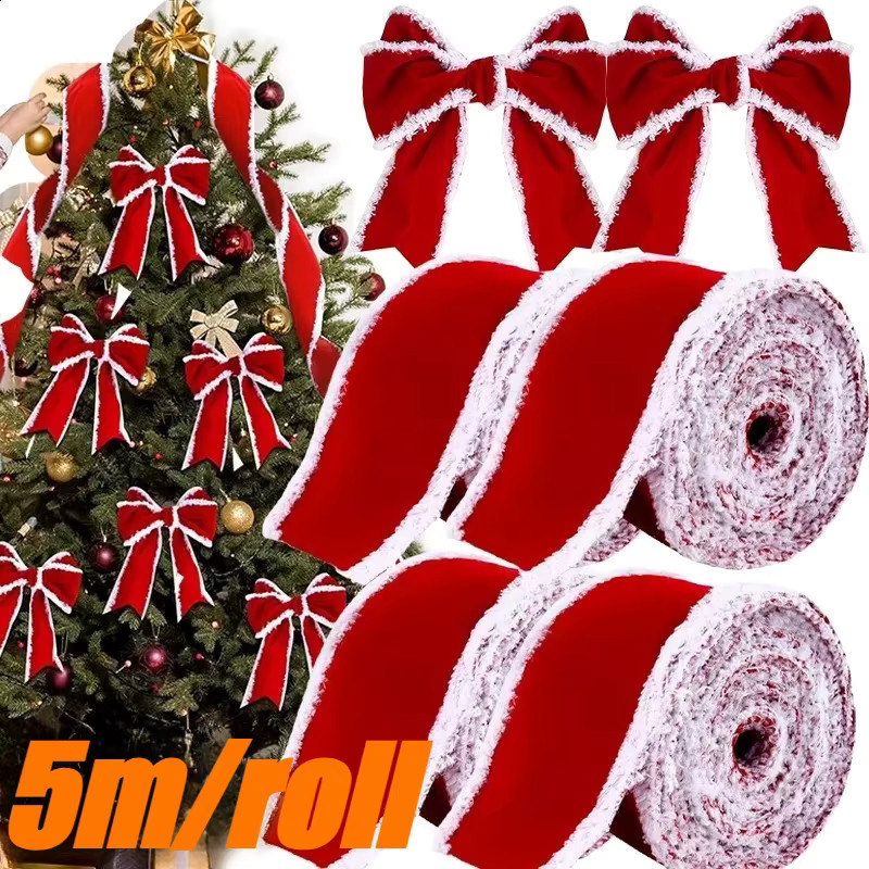 Rotes Samtband mit Schneeflocken-Plüsch für Weihnachtsdekoration und Geschenkverpackungen - Bild 2