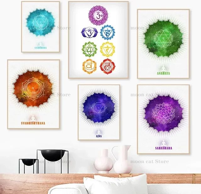 Potdemiel Leinwand Malerei mit Reiki Symbolen und Chakra Motiven in Multicolor für dein Yoga Studio oder Home Decor - Bild 1