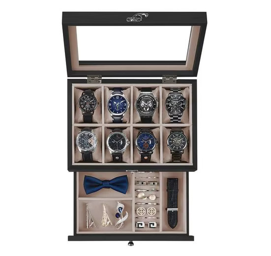 SONGMICS Uhrenbox, Massivholz, Schwarz, 8/12 Fächer, Glasdeckel - Bild 2