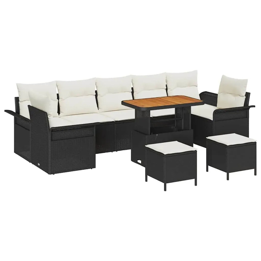 vidaXL Garten-Sofa-Set 10-teilig aus Polyrattan und Akazienholz in Schwarz mit Polsterung und Kissen - Bild 2