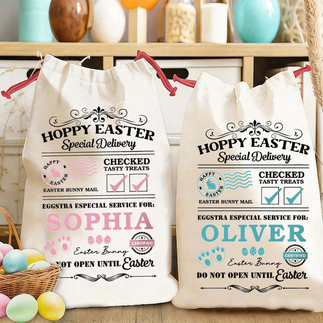 Personalisierte Osterhasen-Osterei-Taschen in Weiß als wiederverwendbare Geschenktüten und Osterkorb-Füller für deine Partydekoration - Bild 1