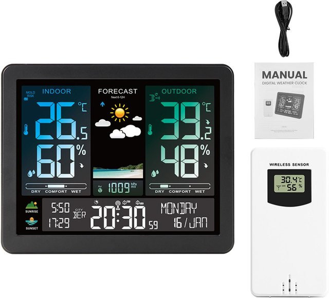 Koogeelife Multifunktionale professionelle elektronische Wetterstation mit intelligentem Farbbildschirm in Schwarz - Bild 1