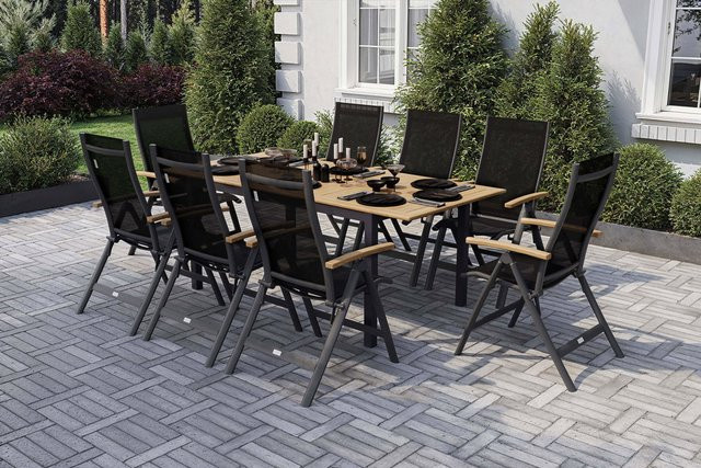 OUTFLEXX Garten-Essgruppe aus Aluminium, Teakholz und Textilene in Anthrazit Matt mit ausziehbarem Tisch und 8 Klappstühlen - Bild 1