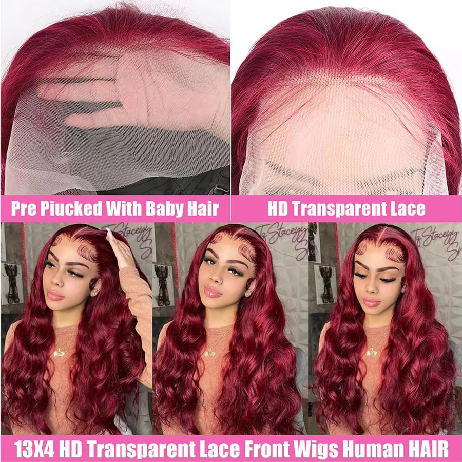 ALIKODY Perücke Echthaar, 16 Zoll, Burgunderrot, Body Wave, Lace Front, Damen - Bild 6