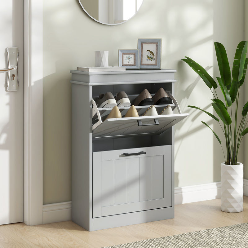 HOMCOM Schuhschrank in Grau mit 2 Klapptüren und verstellbaren Regalen für Flur und Eingangsbereich, B/T/H: 54 x 24 x 82,5 cm - Bild 2