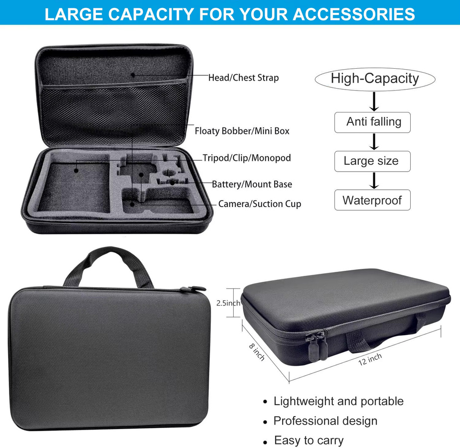 BMUUPY Zubehör-Set für GoPro Hero 13 Black in Schwarz mit wasserdichtem Gehäuse, Displayschutz, Halterungen, Selfie-Stick, Mini-Stativ, Filtern und Tragetasche - Bild 2