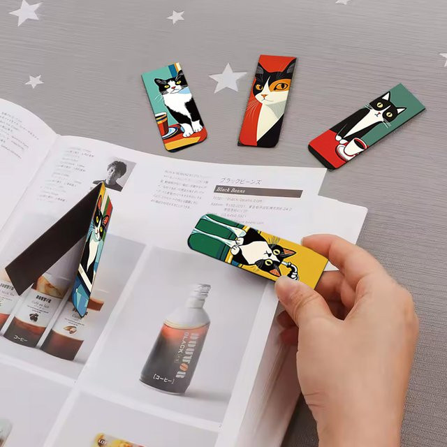 5er Set Magnetische Lesezeichen mit Katzen-Motiv in Schwarz und Weiß für Papier und Bücher - Bild 1