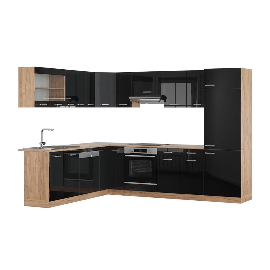 Vicco R-Line Eckküche in Schwarz und Goldkraft Eiche, moderne Einbauküche aus Spanplatte, B/T/H: 287 x 227 x 206,8 cm - Bild 3