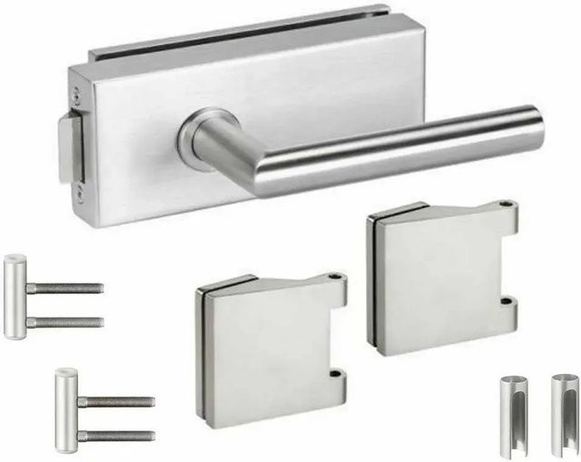 MeinTürgriff Faro Glastürbeschlag Set aus Edelstahl in Silber Matt für Studio und Office mit Bändern und Schloss (WC/PZ/Ungelocht) - Bild 1