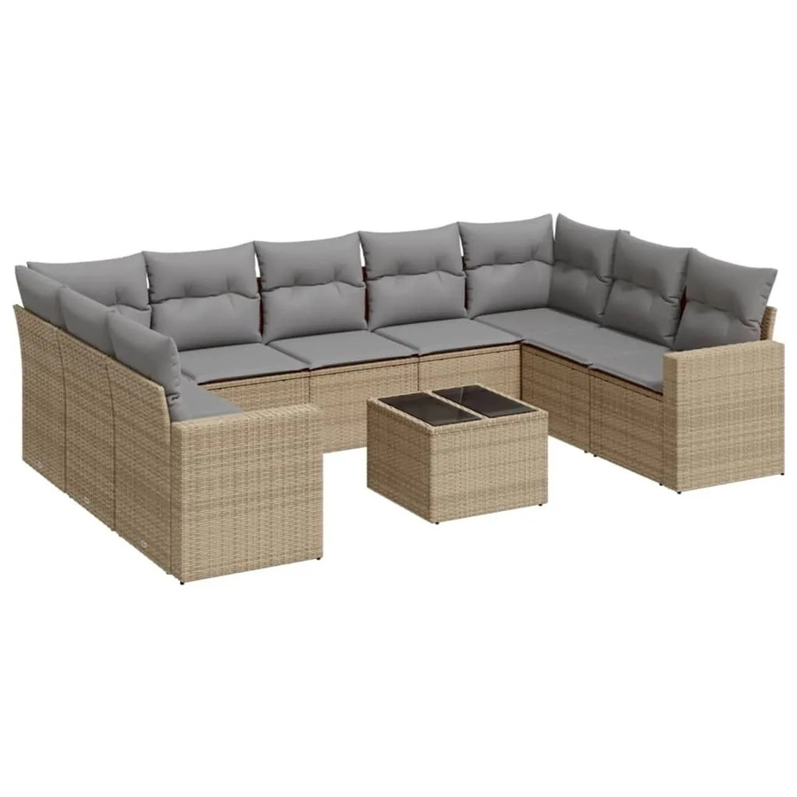 vidaXL 10-tlg. Garten-Sofagarnitur in L-Form mit Kissen und Couchtisch, Beige, Poly-Rattan mit Metallgestell - Bild 1