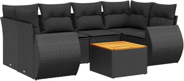 vidaXL 7-teilige Garten-Sofagarnitur in L-Form aus schwarzem Poly-Rattan mit Kissen und pulverbeschichtetem Stahlgestell - Bild 1