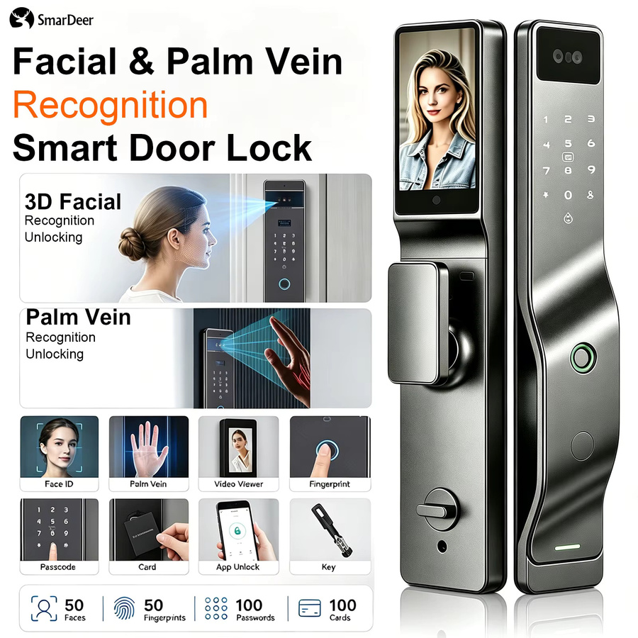 SmarDeer 3D Face Palm Vein Smart Lock in Schwarz mit biometrischem Fingerabdruck, App-Steuerung, Fernbedienung und temporärem Passwort für schlüssellosen Zugang und Heimsicherheit - Bild 3