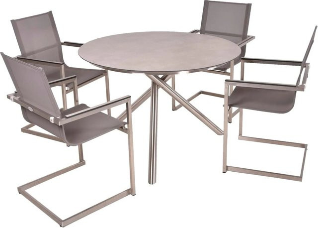 DELUKE Garten-Sitzgruppe HAKON 5-tlg. aus Edelstahl und Kunststoff in Grau mit rundem Esstisch und Freischwingerstühlen - Bild 1