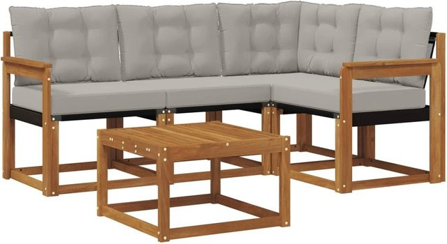 vidaXL Outdoor-Sofagarnitur 5-tlg. in L-Form aus Akazienholz mit Textilene und Kissen in Natur und Hellgrau - Bild 1