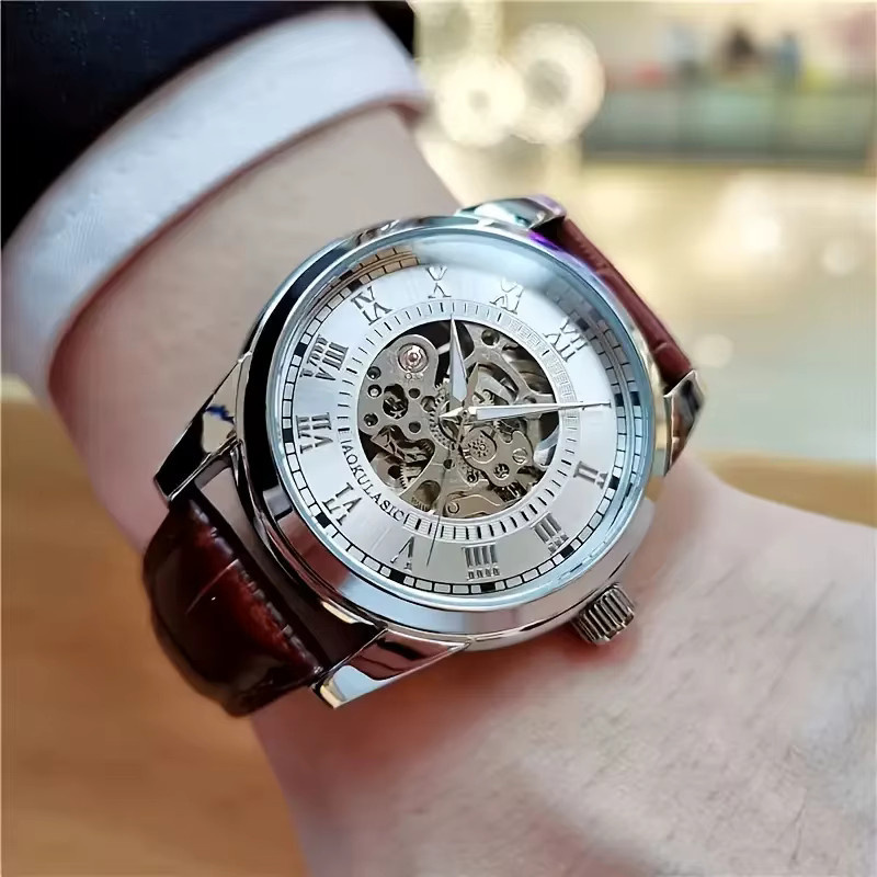 AOKULASIC Armbanduhr Automatik, Edelstahl, Leder, Schwarz, Herren - Bild 3