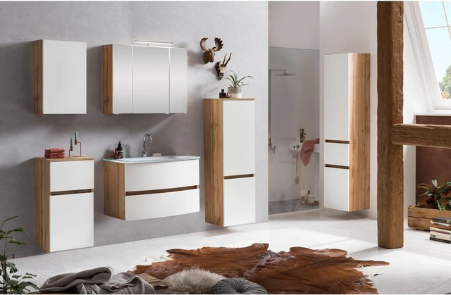Held Möbel Waschtisch-Set Salerno 2-tlg. in Matt Weiß-Wotaneiche mit Glasbecken und Spiegelschrank, Breite: 80 cm - Bild 1