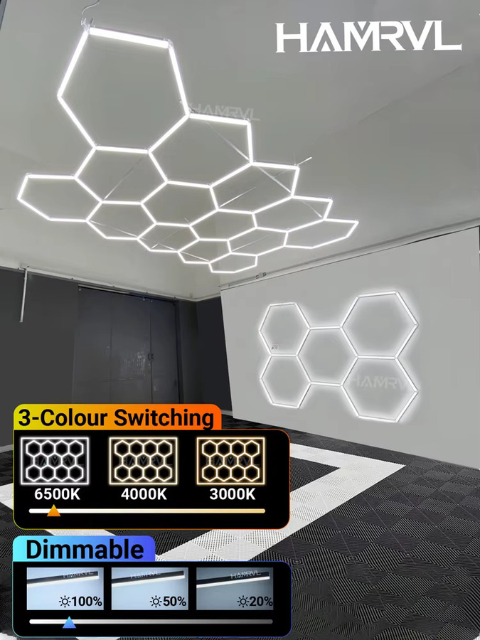 HAMRVL Sechseckige LED-Garagenbeleuchtung aus Aluminium in Weiß und Silber, dimmbar mit Farbwechsel (3000K-6000K) für Werkstatt, Friseursalon und Fitnessstudio - Bild 7