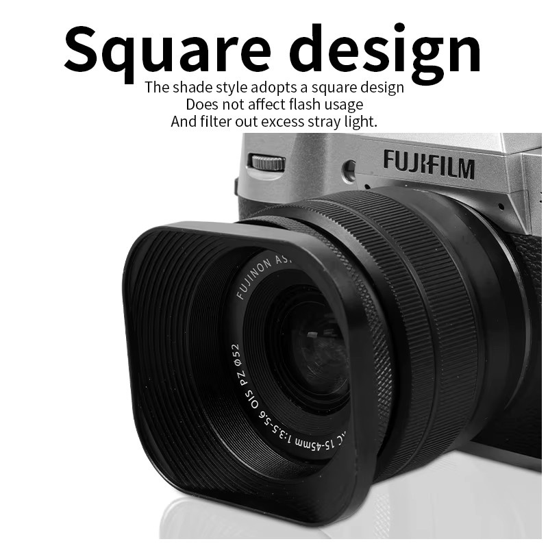 Quadratische Kamera-Gegenlichtblende aus Metall in Schwarz oder Silber, kompatibel mit Nikon 16–50, Canon, Sony und Fuji 15–45/35f2, universelles Fotozubehör mit 52 mm, 43 mm, 46 mm und 39 mm - Bild 3