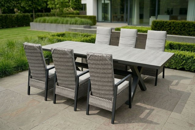 OUTFLEXX Louvra 2 Garten-Essgruppe aus Polyrattan und Aluminium in Natur/Anthrazit mit ausziehbarem Tisch und 6 Sesseln, Tisch B: 200 bis 260 cm, B: 100 cm - Bild 1
