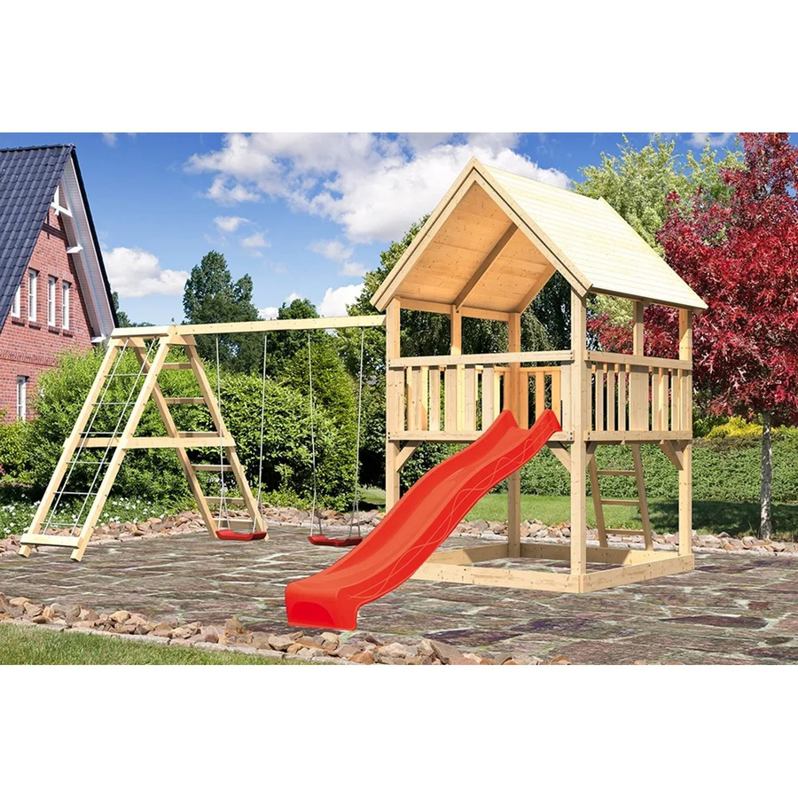 KARIBU Spielturm Luis mit Satteldach, Doppelschaukel, Klettergerüst und Rutsche in Rot und Naturfarben - Bild 2