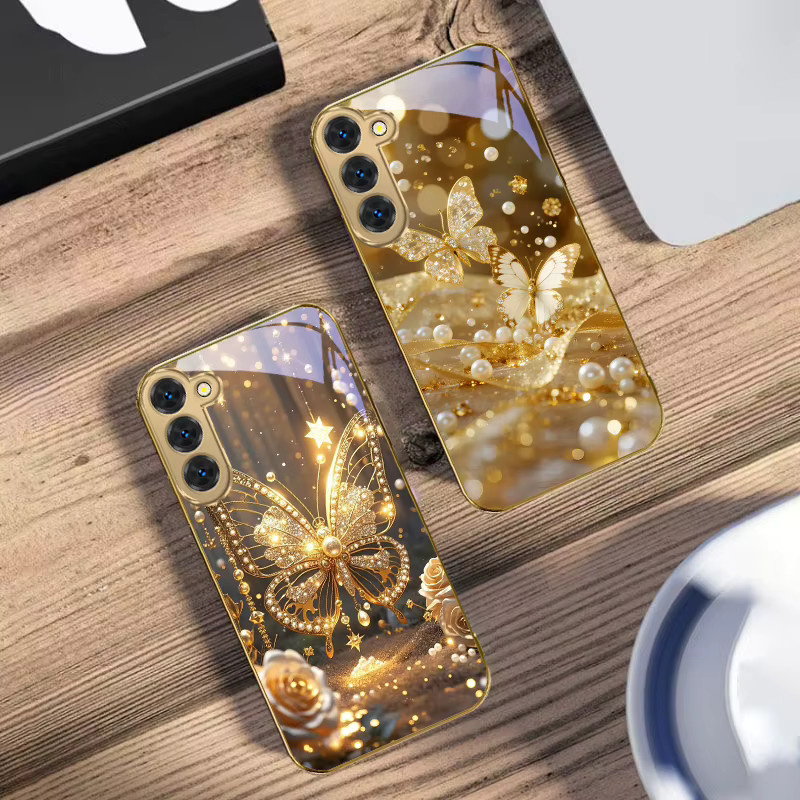 Goldene Glas-Telefonhülle mit Landschaftsmotiv für Samsung Galaxy S21, S22, S23, S24 Ultra und weitere Modelle, Farbe: Gold - Bild 2