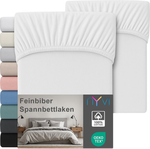 NYVI Feinbiber Spannbettlaken Deluxe 2er Set aus 100% Baumwolle, Weiß, B/T: 100 x 200 cm, für Matratzen bis 25 cm Steghöhe - Bild 1
