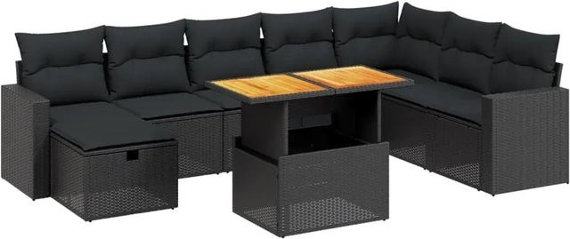 vidaXL 9-teilige Garten-Sofagarnitur aus Poly-Rattan und Akazienholz in Schwarz mit Kissen - Bild 1