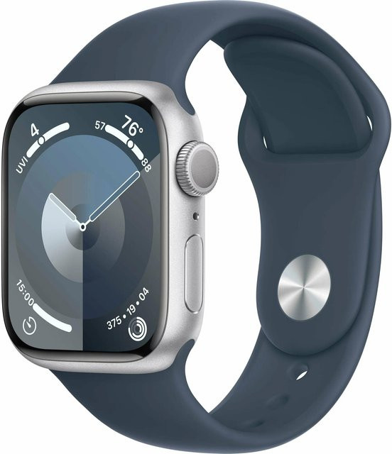 Apple Watch Series 9 Smartwatch mit GPS, Aluminiumgehäuse und Silikon-Sportarmband, Farbe: Silber - Bild 1