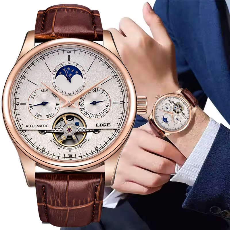 LIGE Armbanduhr Tourbillon, Automatik, Leder, Herren - Bild 5