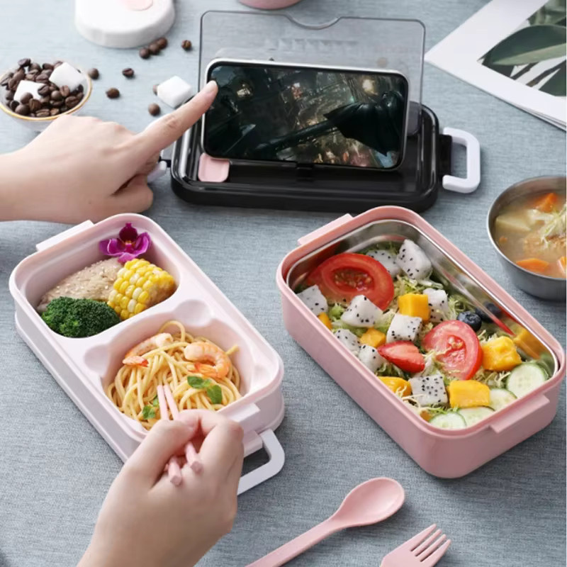 HOCOSHINE Lunchbox aus Edelstahl 304 in Pink, 2-Schicht Bento-Box für Mikrowelle und Heizung - Bild 3