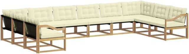 vidaXL Outdoor-Sofagarnitur 10-teilig in L-Form aus massivem Akazienholz mit Textilene und Kissen in Weiß und Creme - Bild 1