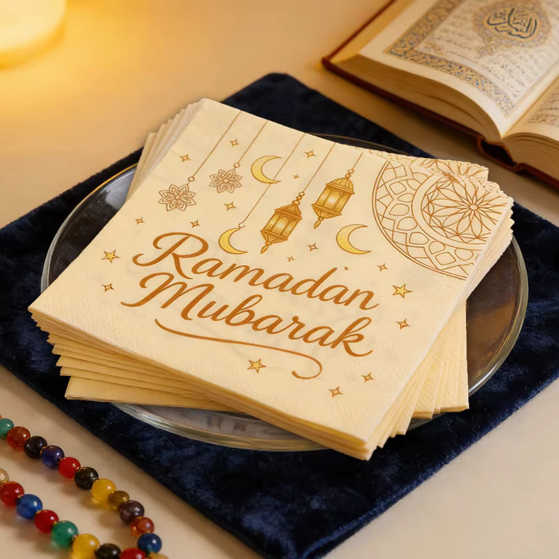 ZQNYCY Ramadan Mubarak Papierservietten mit goldenem Mond und Laterne in Gold für deine islamische Eid Tischdekoration - Bild 2