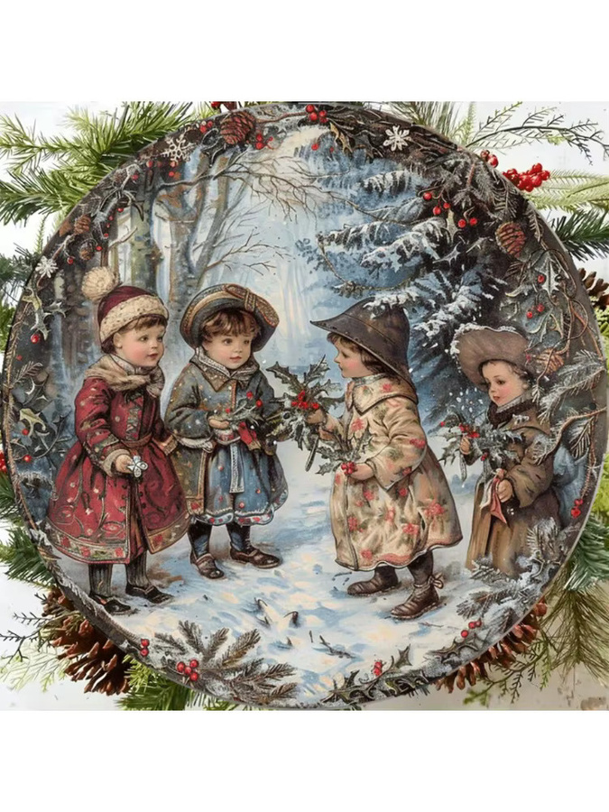 CIFBUY Viktorianisches Weihnachts-Wandschild aus Aluminium im Vintage-Stil, rundes Metallschild mit Schneeflocken-Design, Durchmesser: 20,3 cm, Mehrfarbig - Bild 3
