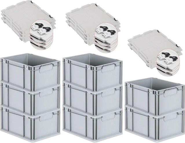PROREGAL Spar Set 8x Eurobox Nextgen Economy mit Scharnierdeckel und schwarzen Schiebeschnappverschlüssen, Grau/Schwarz, H x B x T: 22 x 30 x 40 cm - Bild 1