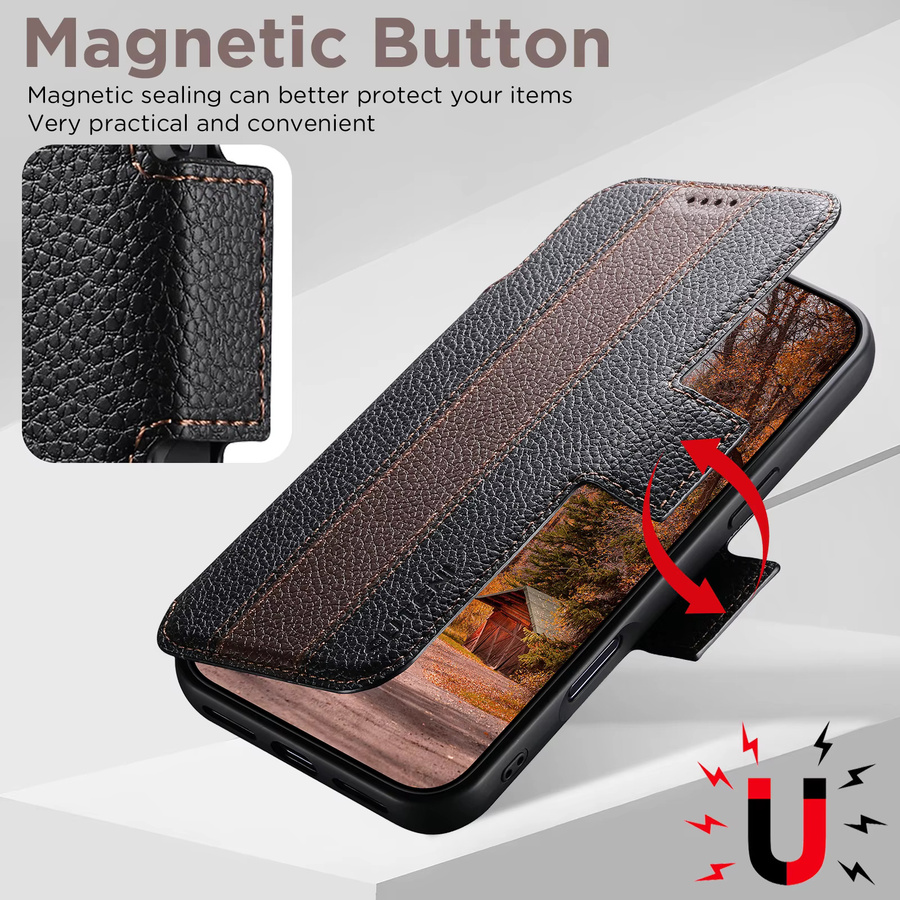 SUTENI Kunstleder Handyhülle mit Wireless Charging, Kartenhalter und magnetischem Flip-Cover für iPhone 17 Pro Max, 16, 15, 14, 13 in Schwarz oder Weiß - Bild 3