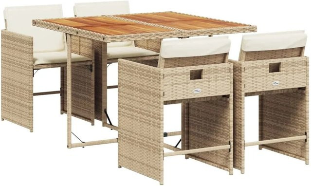 vidaXL 5-tlg Garten-Essgruppe aus PE-Rattan und Akazienholz mit Kissen in Beige, Braun und Cremeweiß - Bild 1