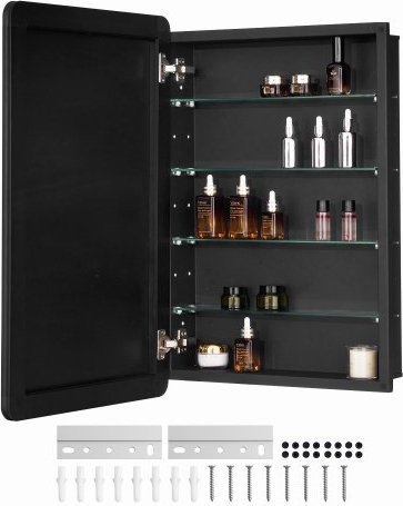 VEVOR Badezimmerschrank mit Spiegel, Aluminiumrahmen in Schwarz, 4 verstellbare Regalböden, Wandmontage oder Einbau, Breite: 50,8 cm, Höhe: 76,2 cm, Tiefe: 12,7 cm - Bild 1