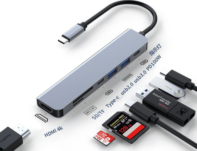 Generic 7-in-1 USB-C Hub aus Aluminium mit HDMI 4K, USB 3.0, PD 100W und Kartenleser Dockingstation - Bild 1