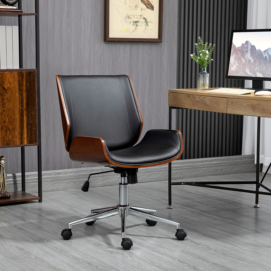 Vinsetto Bürostuhl Retro in Schwarz mit Holz und Kunstleder, höhenverstellbarer Schreibtischstuhl mit Kippfunktion und Rollen für dein Home Office - Bild 2