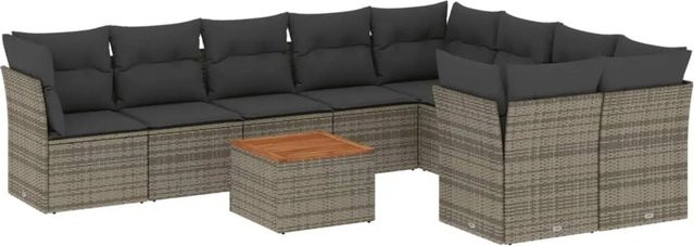 vidaXL 10-tlg Garten-Sofagarnitur aus Poly-Rattan und Akazienholz in Grau mit Kissen - Bild 1