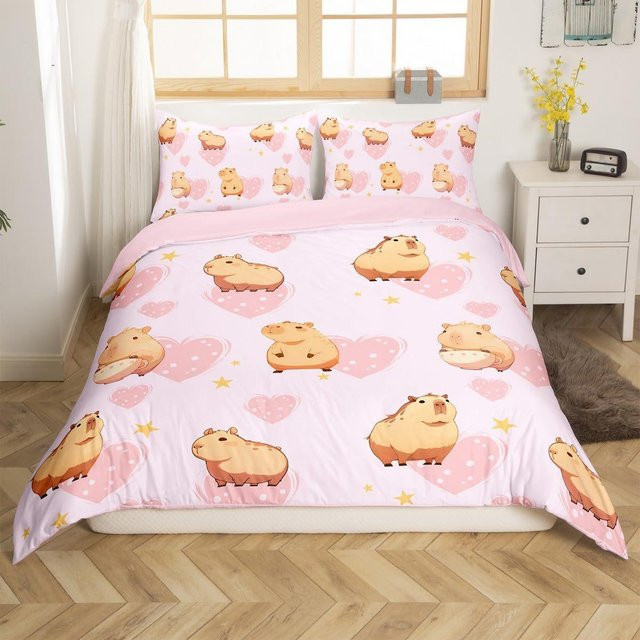 Flylo Capybara Kinder Bettwäsche Set mit Cartoon Druck, Pink, B/H: 100 x 135 cm - Bild 1