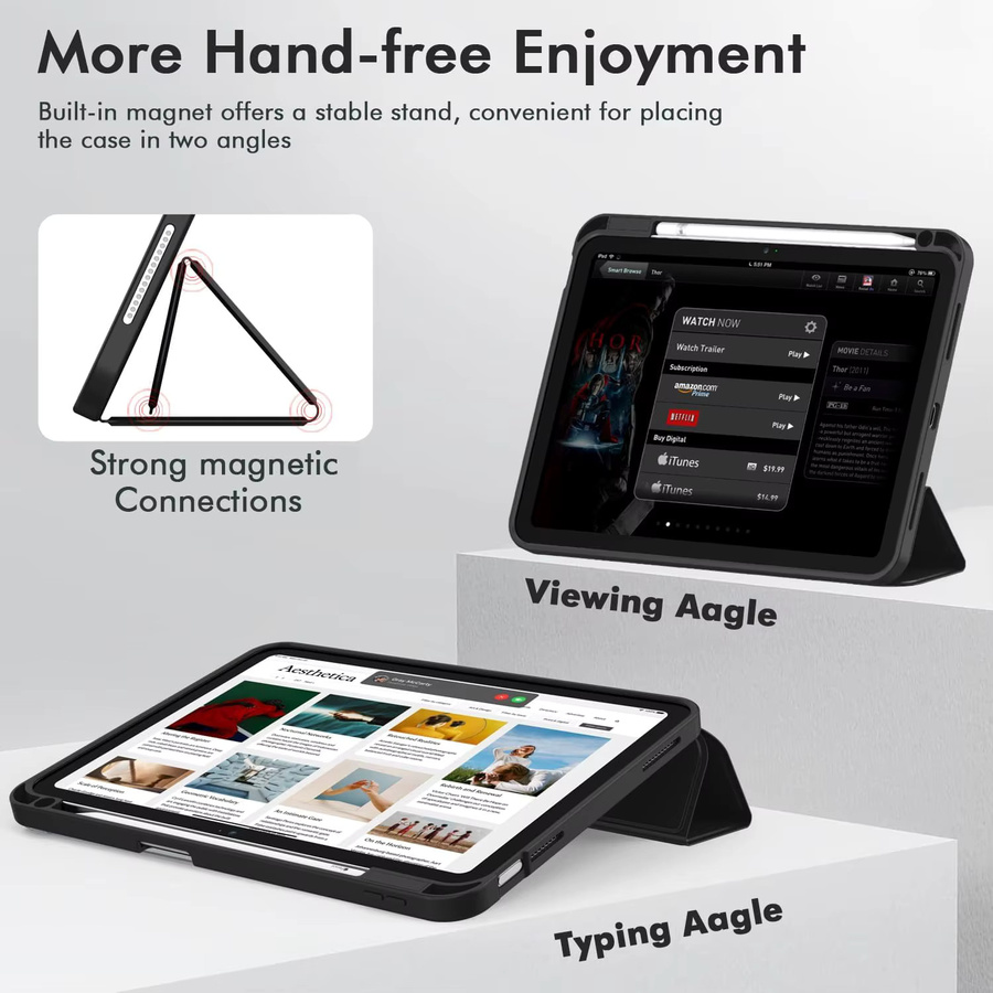 Smart Cover Hülle für iPad 10. Generation (10,9 Zoll 2022) und iPad 11 Zoll 2025 mit Stifthalter und dreifach faltbarem Stand aus weichem TPU in Schwarz und Grün - Bild 3