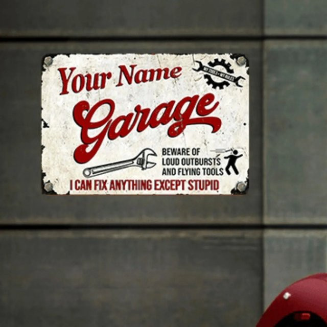 Personalisierbares Retro-Garagenschild aus Metall von CIFBUY in Rot und Weiß mit individuellem Text im Vintage-Stil - Bild 1