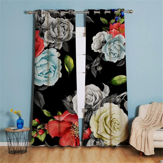 Yiran Furniture Vorhänge mit Kokospalmen-Motiv und rosa Blüten, halbtransparent, Polyester, Farben: Pink, Grün, Multicolour, B: 50 cm, H: 130 cm, 2er-Set mit Ösen - Bild 1