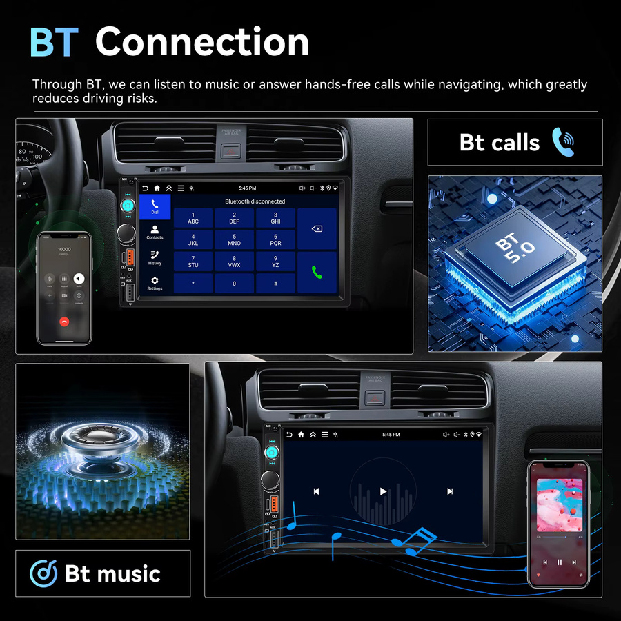 Podofo 7 Zoll 2-DIN Universal Android Autoradio MP5 Multimedia-Player mit kabellosem CarPlay, Android Auto, GPS, WLAN und Bluetooth in Schwarz - Bild 5