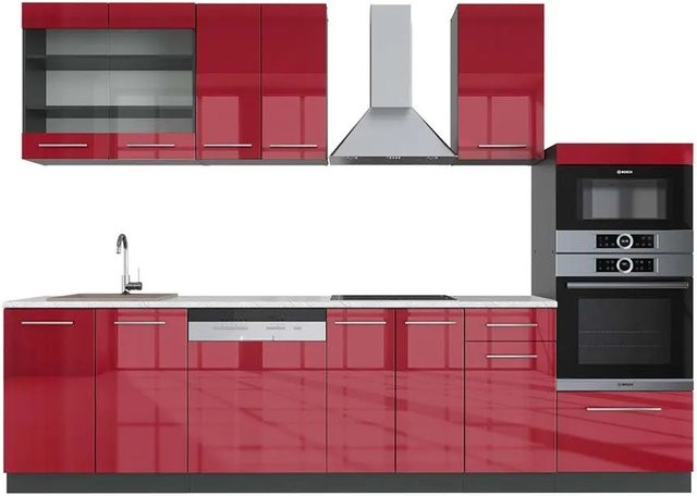 Vicco Fame-Line Küchenzeile Bordeaux Hochglanz und Anthrazit mit Hochschrank und Marmor-Optik, Breite: 300 cm - Bild 1