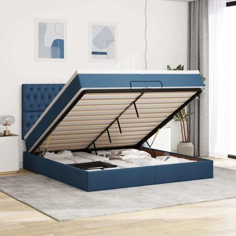 vidaxl Ottoman Polsterbett mit Matratzen und LED-Beleuchtung in Blau aus Stoff, B/T/H: 200 x 203 x 128 cm - Bild 1