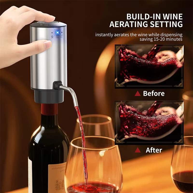 Elektrischer Weinbelüfter und Weindekanter von FLYMUYU in Silber aus Edelstahl mit intelligenter Gießkontrolle und USB-Wiederaufladung - Bild 2