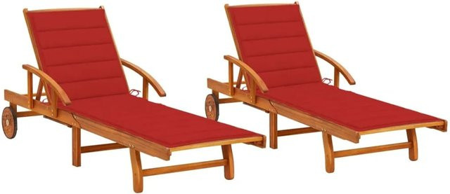 vidaXL Sonnenliegen Set aus 2 Stück aus Akazien-Massivholz mit roten Auflagen - Bild 1