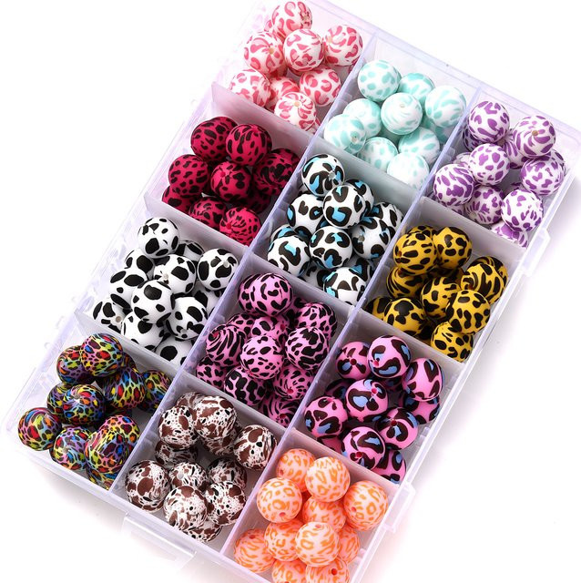 10 Stück Gedruckte Silikon Perlen für DIY Schnullerketten und Zahnspielzeug, Durchmesser: 15 mm, Farben: Gelb und Mehrfarbig - Bild 1